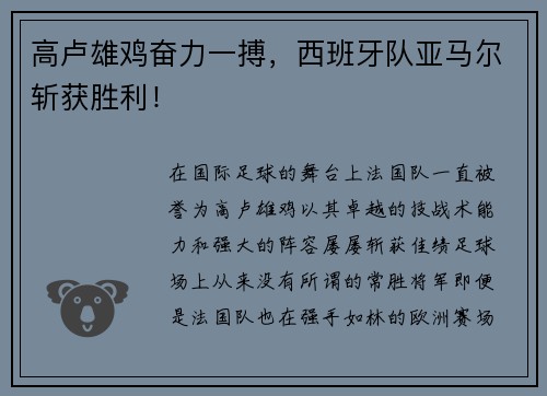 高卢雄鸡奋力一搏，西班牙队亚马尔斩获胜利！