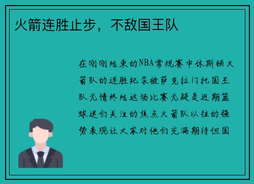 火箭连胜止步，不敌国王队
