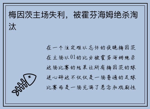 梅因茨主场失利，被霍芬海姆绝杀淘汰