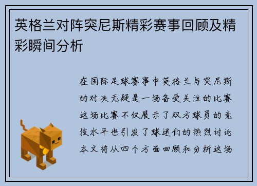 英格兰对阵突尼斯精彩赛事回顾及精彩瞬间分析