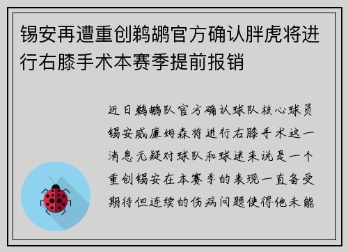 锡安再遭重创鹈鹕官方确认胖虎将进行右膝手术本赛季提前报销