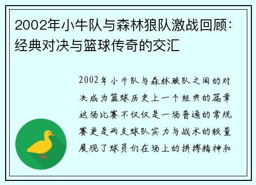 2002年小牛队与森林狼队激战回顾：经典对决与篮球传奇的交汇