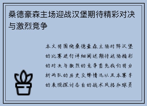 桑德豪森主场迎战汉堡期待精彩对决与激烈竞争