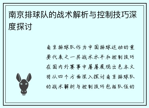 南京排球队的战术解析与控制技巧深度探讨