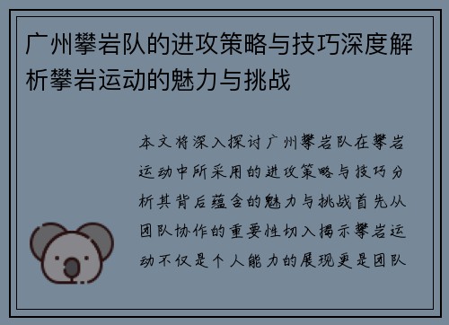 广州攀岩队的进攻策略与技巧深度解析攀岩运动的魅力与挑战