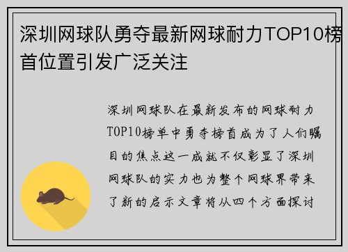 深圳网球队勇夺最新网球耐力TOP10榜首位置引发广泛关注
